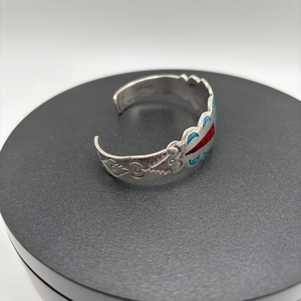Vintage 1970's Sterling 925 Cuff Bracelet Silver Turquoise Coral Inlay Native - Picture 4 of 7